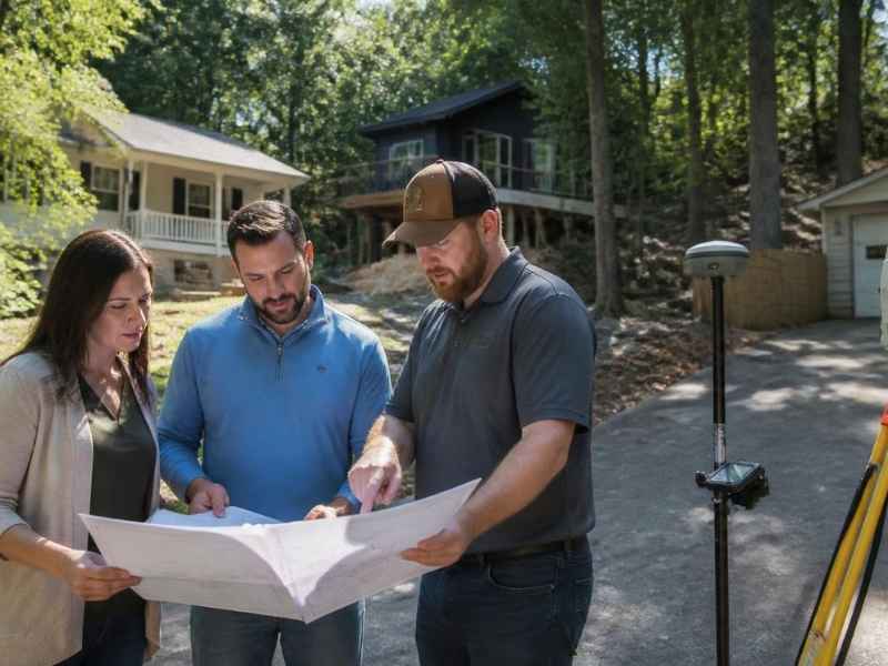 Property Survey Warner Robins GA | Warner Robins Land Surveying Property survey in Warner Robins GA showing a land surveyor reviewing site conditions, existing structures, terrain, and current property information before a project.